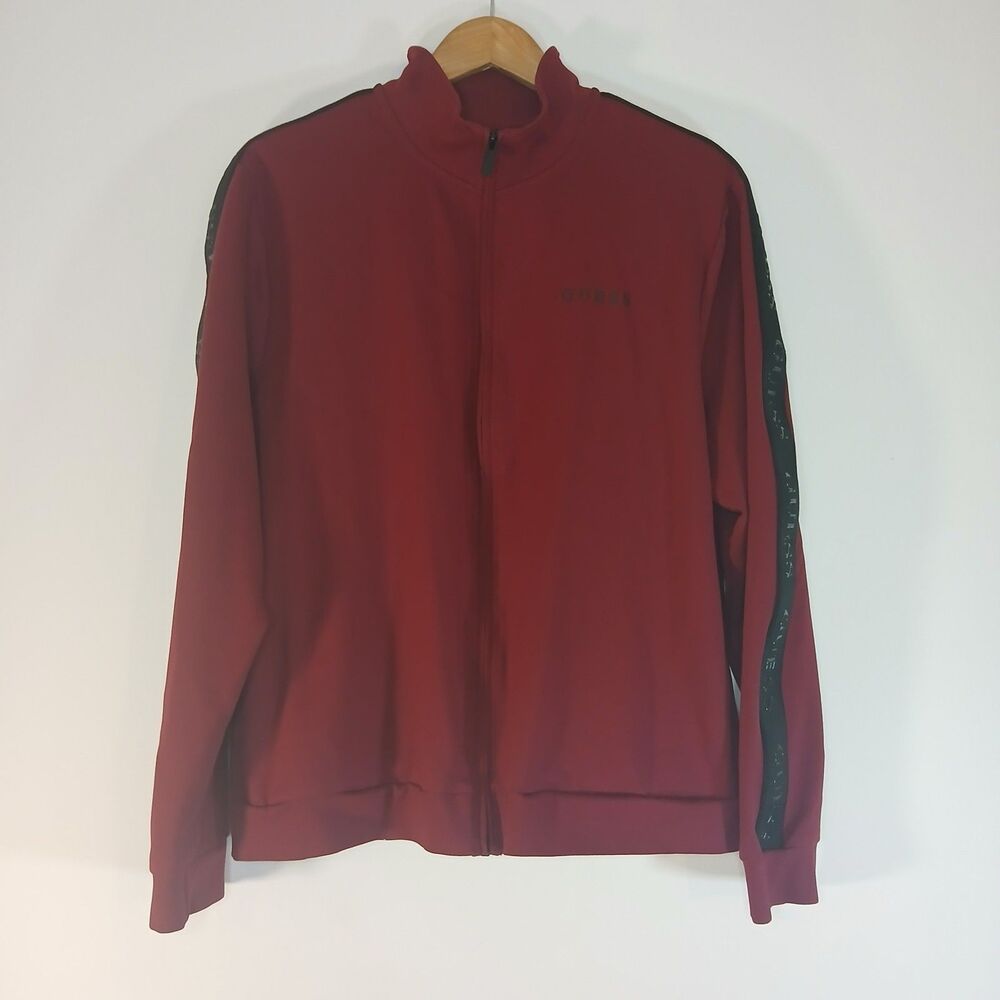Guess Track Jacket Zip Womens Large Burgundy Logo Sleeve Y2K Athleisure Sporty